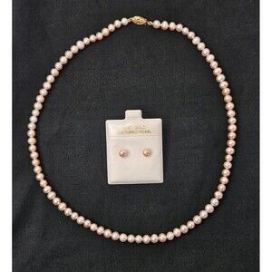 Vtg 5mm 14K Gold Clasp Pink Pearl 18" Necklace W/ Cultured Pearl Earrings